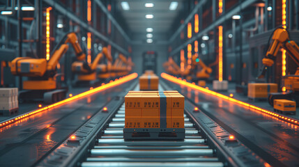 Fototapeta na wymiar Automated Guided Vehicles (AGVs) transport packages efficiently alongside robotic arms in a high-tech, fully automated warehouse environment.