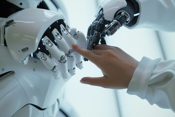 Young woman shaking a modern robot hand