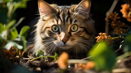 Naklejka na ściany i meble Une chatte curieuse explore un jardin secret, découvrant des merveilles cachées sous les fleurs et les feuilles.