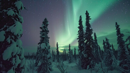 Naklejka premium Aurora Borealis lights up sky over beautiful snowy forest. Perfect for nature and winter-themed projects