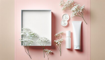 Presentation of a gift set of a cosmetic product, gift box on a pastel color with flowers, flatlay