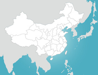 Fototapeta premium 中国と台湾の白地図、ユーラシア大陸と日本のシルエット