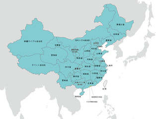 中国と台湾の地図、省の境界線、香港、マカオ、日本語の地名入り