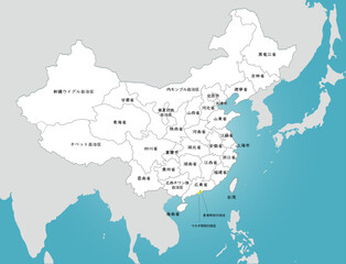 中国と台湾の白地図、ユーラシア大陸と日本のシルエット、日本語の地名入り - obrazy, fototapety, plakaty