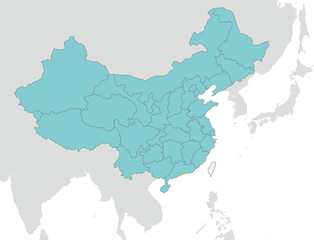 中国と台湾の地図、省の境界線、ユーラシア大陸と日本のシルエット、香港とマカオの場所 - obrazy, fototapety, plakaty