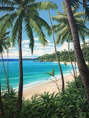 Turquoise Caribbean Shorelines: Palm Trees Guarding Beaches with Tranquil Tree Line