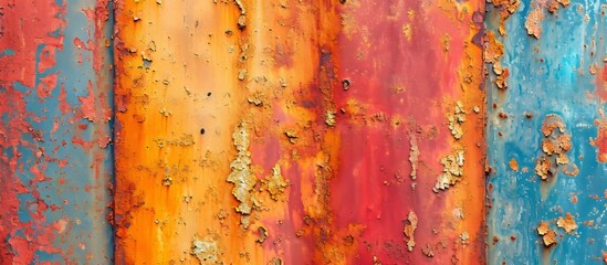A closeup image of a rusty metal wall adorned with a vibrant rainbow of colors, including shades of orange, magenta, peach, and more. A visually striking piece of art painting with a unique pattern