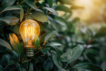 Light bulb is seen sitting in tree. This unique image can be used to represent creativity, innovation, and out-of-the-box thinking.