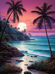 Twilight Art: Tranquil Turquoise Caribbean Shorelines at Evening