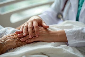 Nurse Holding Elderly Patients Hand in Hospital. Generative AI.