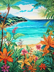 Fototapeta na wymiar Vibrant Turquoise Caribbean Shorelines: Festive Island Mood Explodes