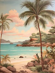Turquoise Caribbean Shorelines Vintage Painting: Captivating Old-Timey Beach Scene
