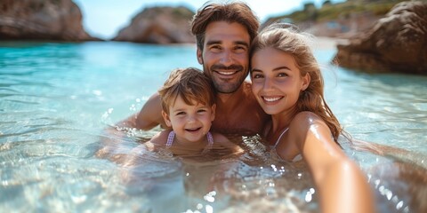 Fototapeta na wymiar A happy family enjoying summer by the sea, capturing joyful moments with a beach selfie.