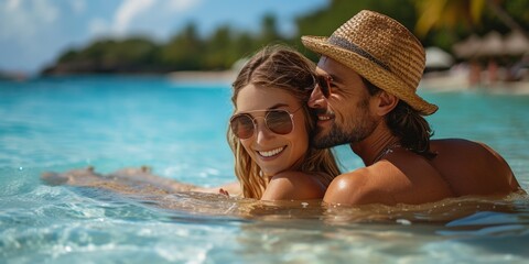 Obraz premium A loving couple on a summer vacation by the sea, sharing a tender kiss outdoors.