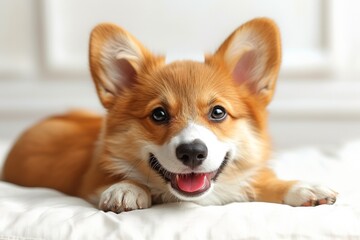 A beautiful portrait of a friendly and lovely Corgi puppy, lying on a white bed and posing with a happy and cute expression.