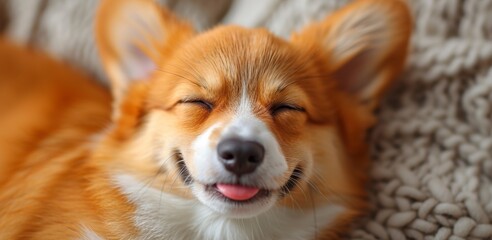 A cute and happy puppy, a purebred Corgi, enjoying the indoors with a cheerful expression.