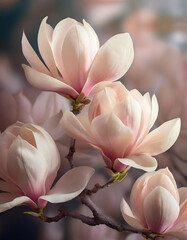 Piękne różowo - brzoskwiniowe kwiaty Magnolii. Generative AI