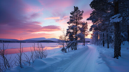 Picturesque snow-covered path in middle of serene forest. Perfect for winter-themed designs and nature-related projects