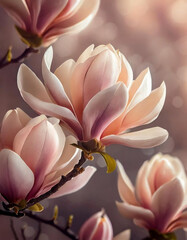 Piękne różowo - brzoskwiniowe kwiaty Magnolii. Generative AI - obrazy, fototapety, plakaty