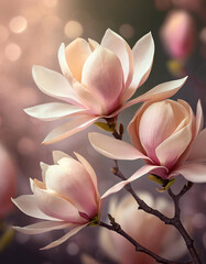 Piękne różowo - brzoskwiniowe kwiaty Magnolii. Generative AI - obrazy, fototapety, plakaty