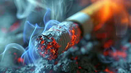 Lit cigarette emitting red and blue smoke. This image can be used to depict smoking, addiction, or artistic concepts