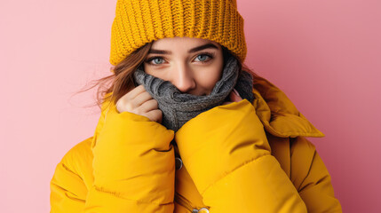 Woman wearing yellow jacket and matching yellow hat. Suitable for fashion, outdoor activities, and casual wear