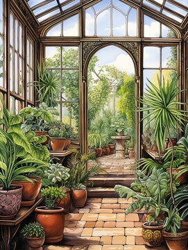 Victorian Greenhouse Botanicals: Canvas Print Landscape of Glasshouse Garden