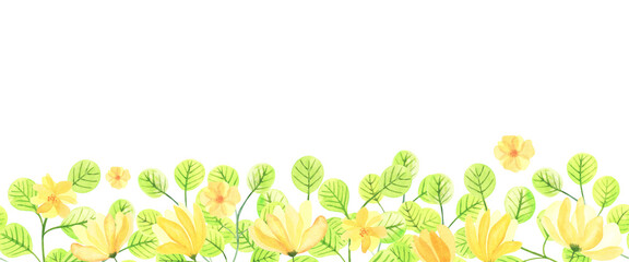 Repeated seamless floral border stripe with bright green leaves. Watercolor hand drawn illustration isolated on white background. Yellow transparent flowers. For design. decoration, wallpaper, textile