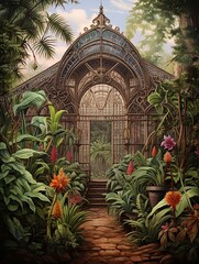 Fototapeta na wymiar Victorian Greenhouse Botanicals: Canvas Print Landscape showcasing Tropical Greenhouse Vibes.
