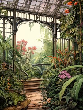 Victorian Greenhouse Botanicals: Captivating Canvas Print of Glasshouse Garden Landscape