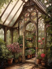 Rural Garden House: Victorian Greenhouse Botanicals Countryside Art