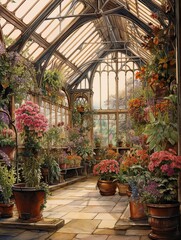 Fototapeta na wymiar Victorian Greenhouse Botanicals: Captivating Rural Greenhouse Art in the Countryside