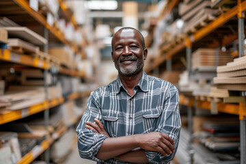 Obraz premium Smiling middle-aged African man in a hardware warehouse, standing with arms folded in the middle of a building materials aisle