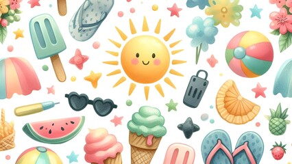 Watercolor summer element collection. Whimsical Watercolor Summer Collection
Colorful Summer Illustrations in Watercolor