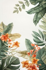 Fototapeta premium Exotic Tropical Leaves Watercolor Border with Delicate Flowers
