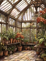 Fototapeta na wymiar Victorian Greenhouse Botanicals - Earth Tones Art: Captivating Natural Greenhouse Colors