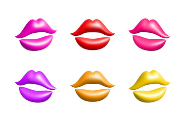 3d red, pink, purple and yellow abstract lips set vector illustration design.