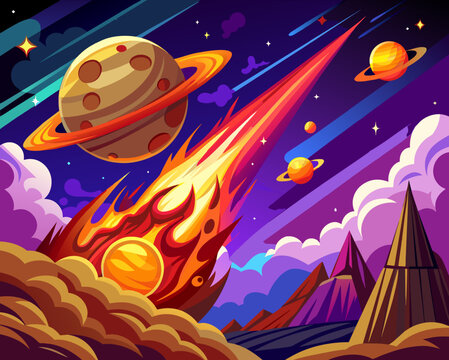 space background comet meteor shower sky stars planet futuristic science bright beautiful vector illustration © Gleb