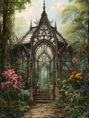 Victorian Greenhouse Botanicals: Enchanting Forest Wall Art Featuring Greenhouses Amidst the Woods