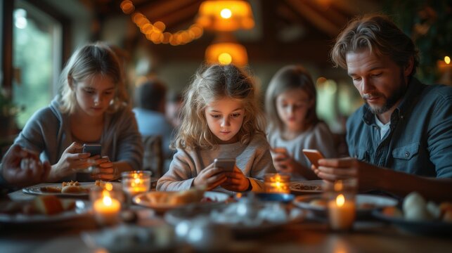 Family member with mobile phone disconnect in family gatherings with an image of individuals seated around a table, each engrossed in their smartphones instead of engaging in conversation.