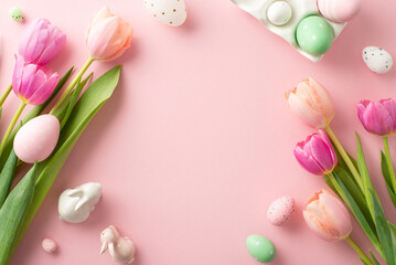 Springtime Joy: top view delightful arrangement of lively eggs container, ceramic bunnies, and vibrant tulips on a soft pink background. The open frame beckons for your text or promotional content