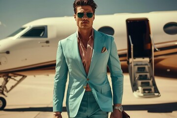 Well dressed man with sunglasses carrying a briefcase walks on the tarmac away from a luxurious private jet. - obrazy, fototapety, plakaty