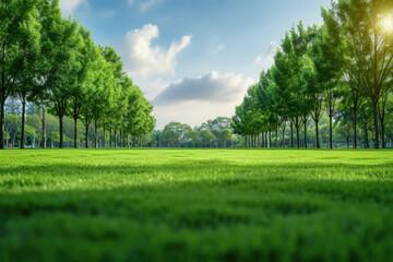 Picturesque field of grass with beautiful trees in background. Perfect for nature and landscape themes