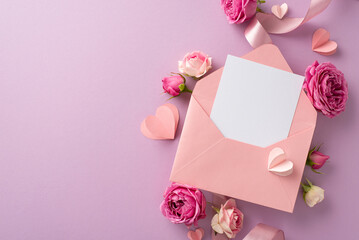 8 March theme. Overhead shot of open envelope with a greeting card, surrounded by paper hearts,...