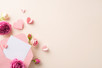 8 March celebration. Top view photo of a cracked open envelope, affectionate postcard, paper heart cutouts, and blooming roses arranged on a pastel beige surface, with space for adding text or ads