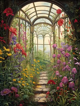Victorian Greenhouse Botanicals: Meadow Suite of Wildflowers and Greenhouses