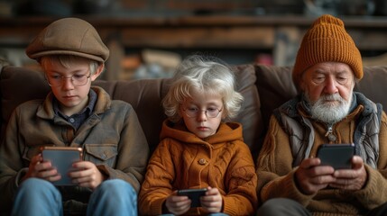 Addiction by gadget dependency with a photo of family members sitting together but absorbed in their own devices, symbolizing the breakdown of face-to-face communication. - obrazy, fototapety, plakaty