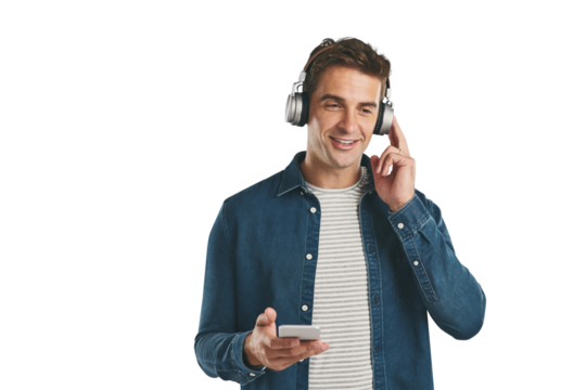 Music, headphones and happy man with phone for streaming audio on isolated, transparent or png background. Smartphone, search and male person listening to radio, podcast or internet playlist choice - Powered by Adobe