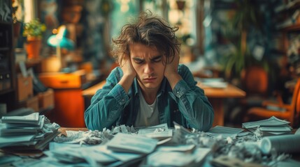 the stress and anxiety associated with tax season with a photo of a man sitting at a cluttered desk surrounded by crumpled papers and a furrowed brow, conveying the pressure of meeting tax deadlines - obrazy, fototapety, plakaty
