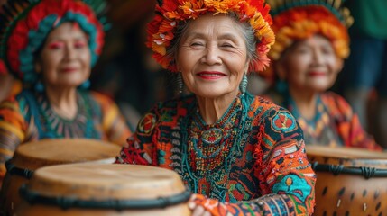 Aged exotic woman portrait.Explore the exhilaration of exploring new cultures and traditions, capturing the joyous expressions of travelers immersing themselves in new experiences - obrazy, fototapety, plakaty